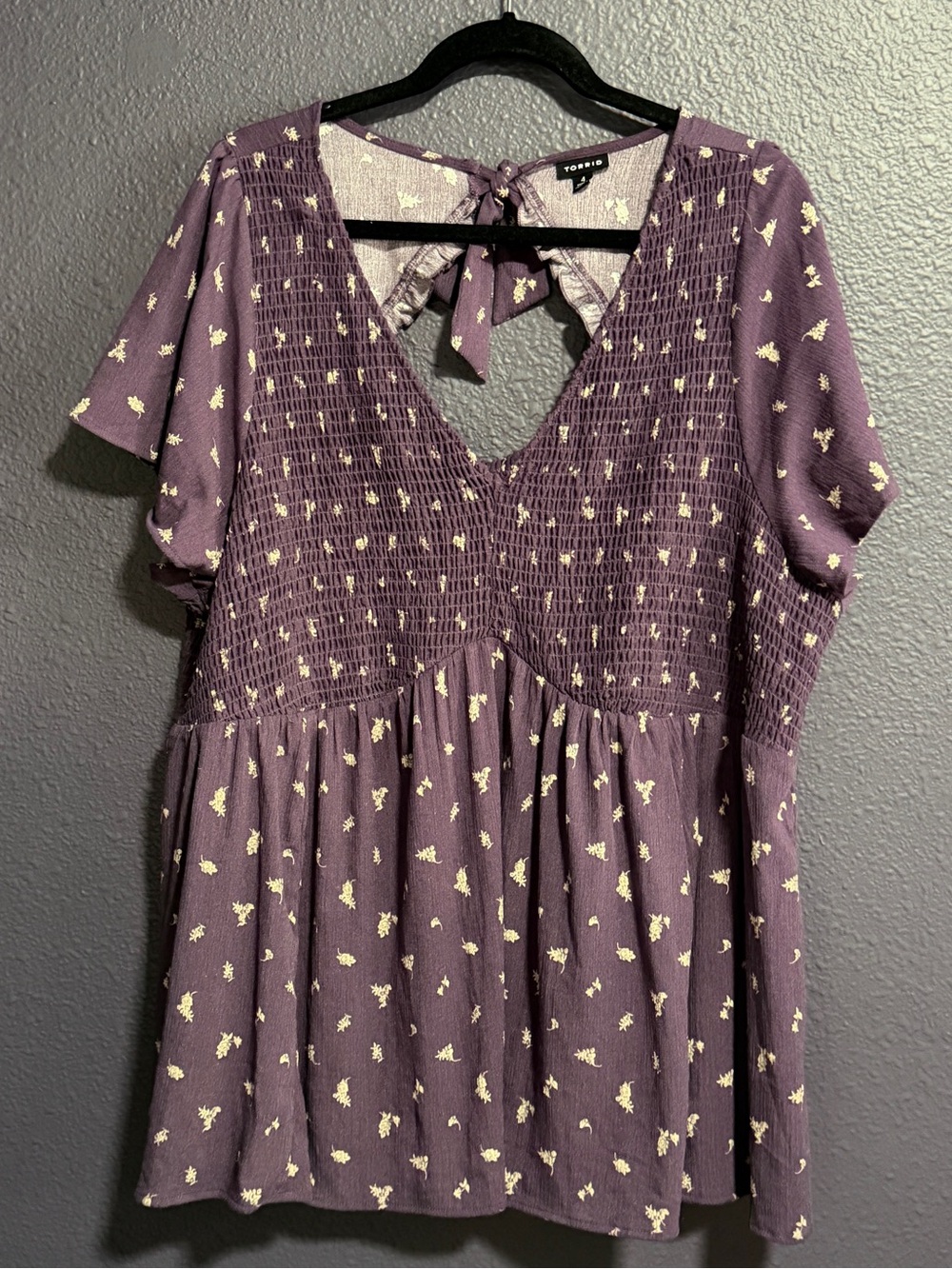 Torrid Purple Smocked Flutter Sleeve Tie Back Babydoll Top